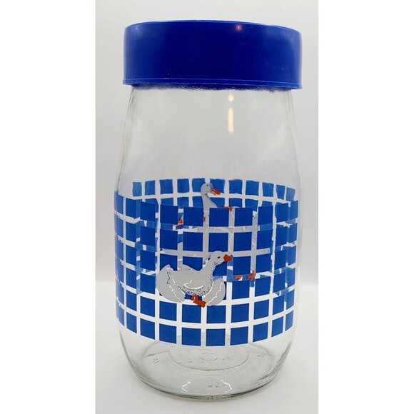 Carlton Glass Other - Carlton Glass Geese Ducks Design Tall Jar Canister w/ Blue Lid 1.5L Vtg 1982 USA